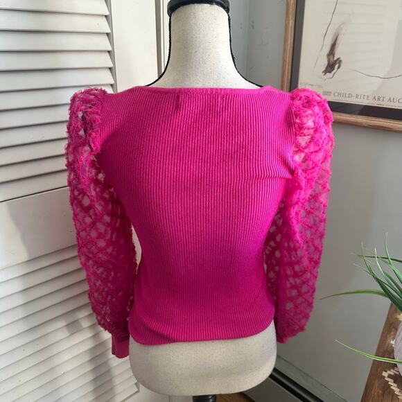 On Twelfth Top Womens Small Hot Pink Sheer Puff Sleeve Dainty Milkmaid Coquette - Picture 7 of 12